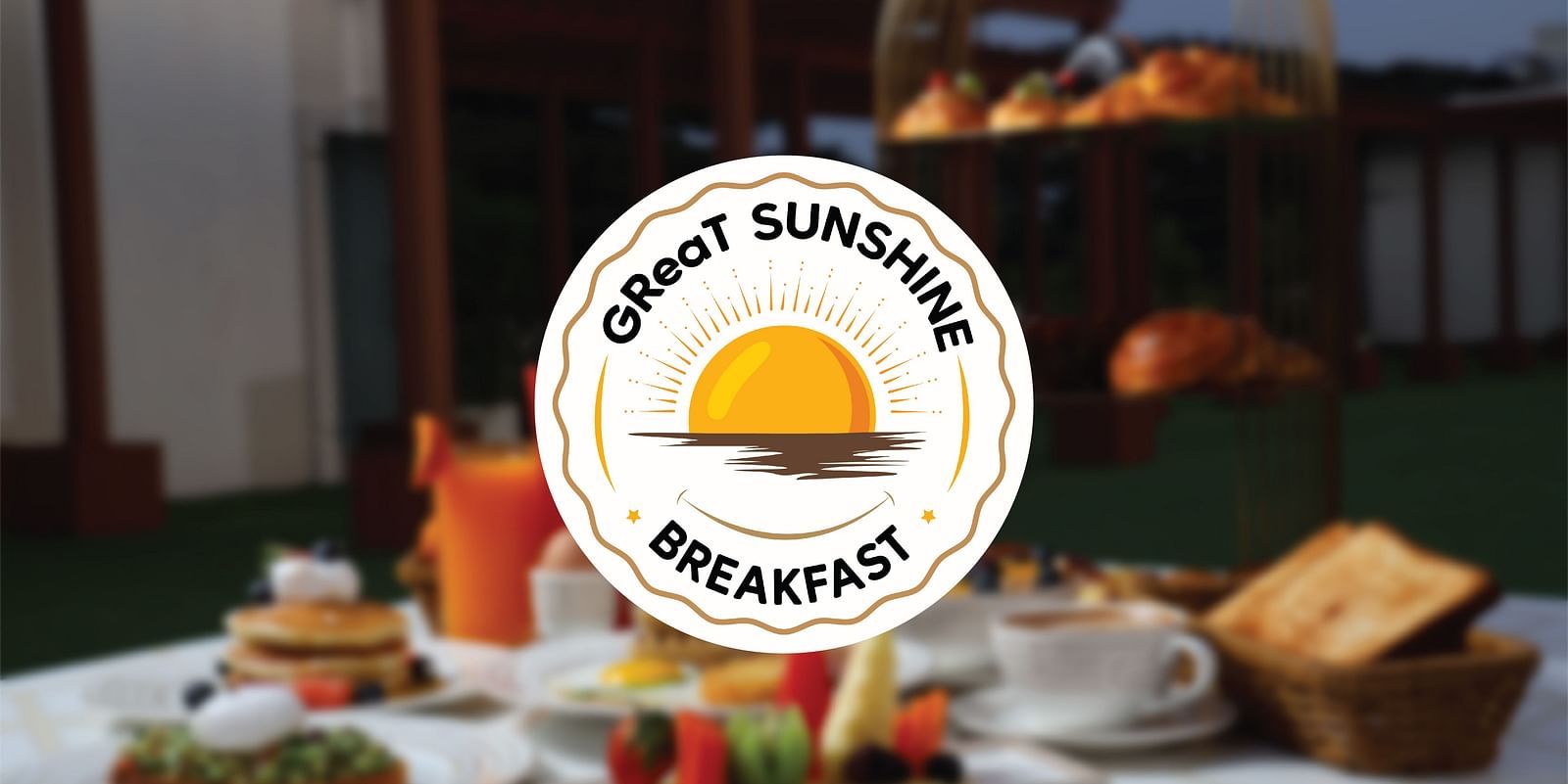 Logo of GReaT Sunshine Breakfast with a background of food placed on a table